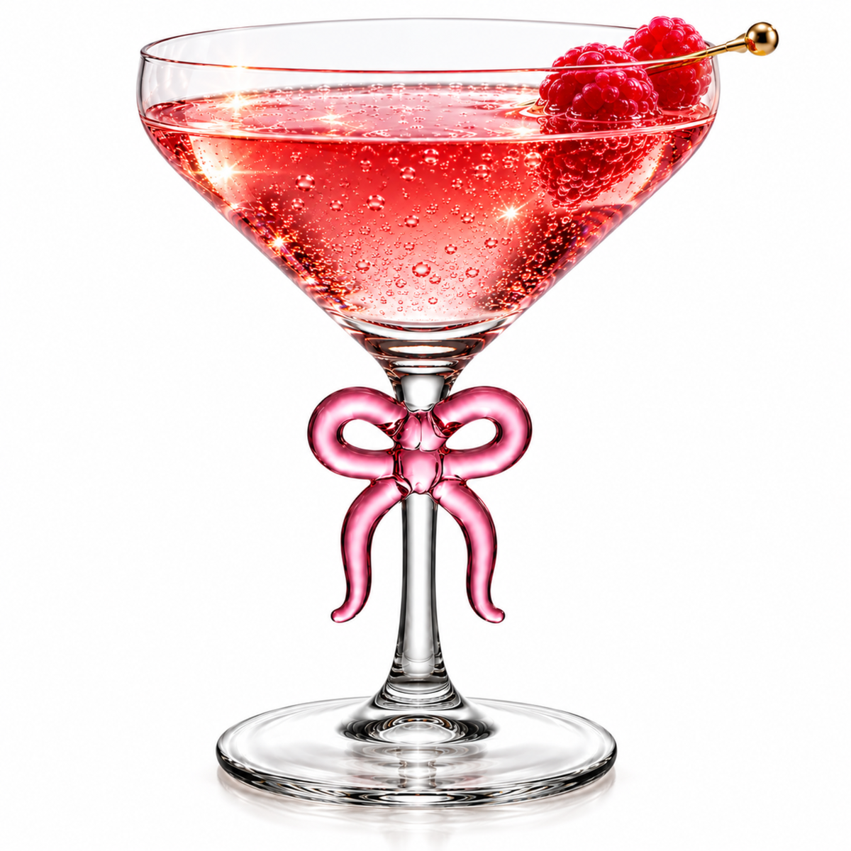 Single Clear Martini Glass with Pink Bow on Stem, One Piece