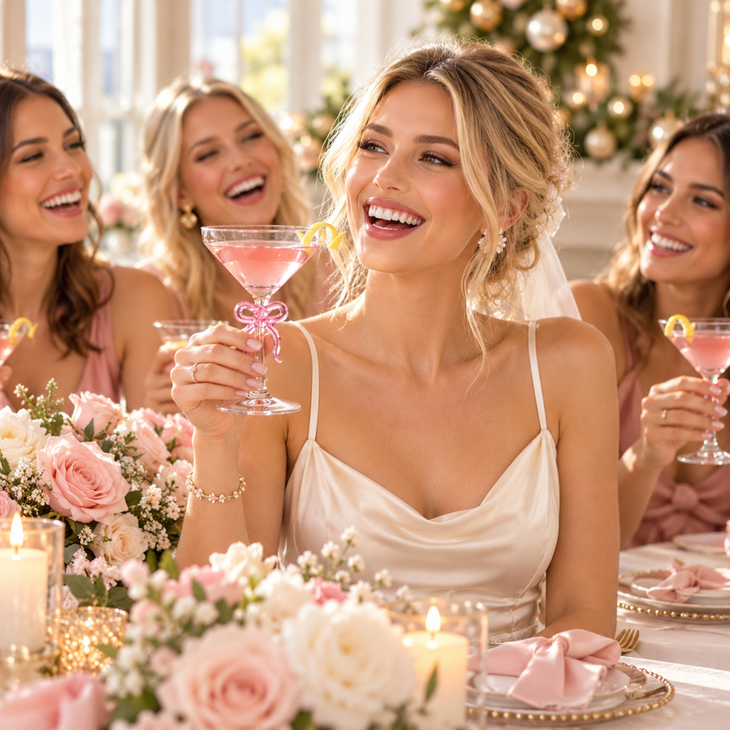 Single Clear Martini Glass with Pink Bow on Stem, One Piece