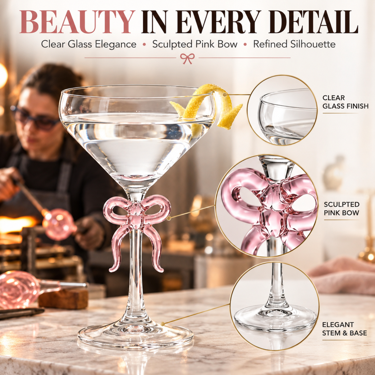 Single Clear Martini Glass with Pink Bow on Stem, One Piece