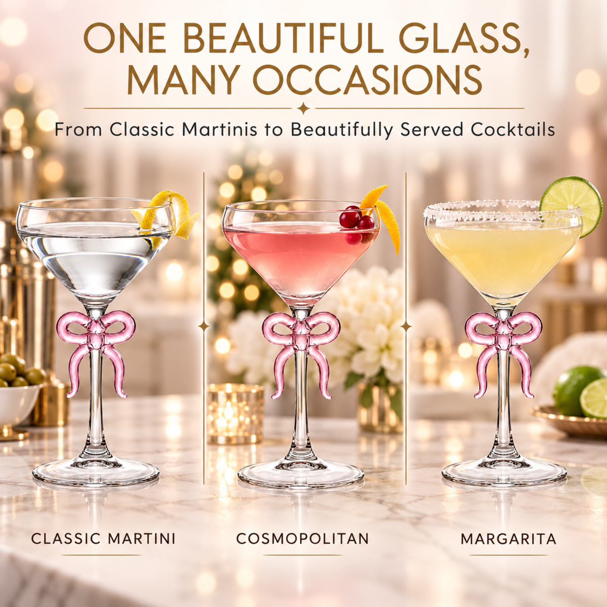 Single Clear Martini Glass with Pink Bow on Stem, One Piece