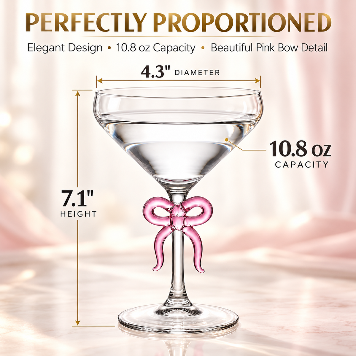 Single Clear Martini Glass with Pink Bow on Stem, One Piece