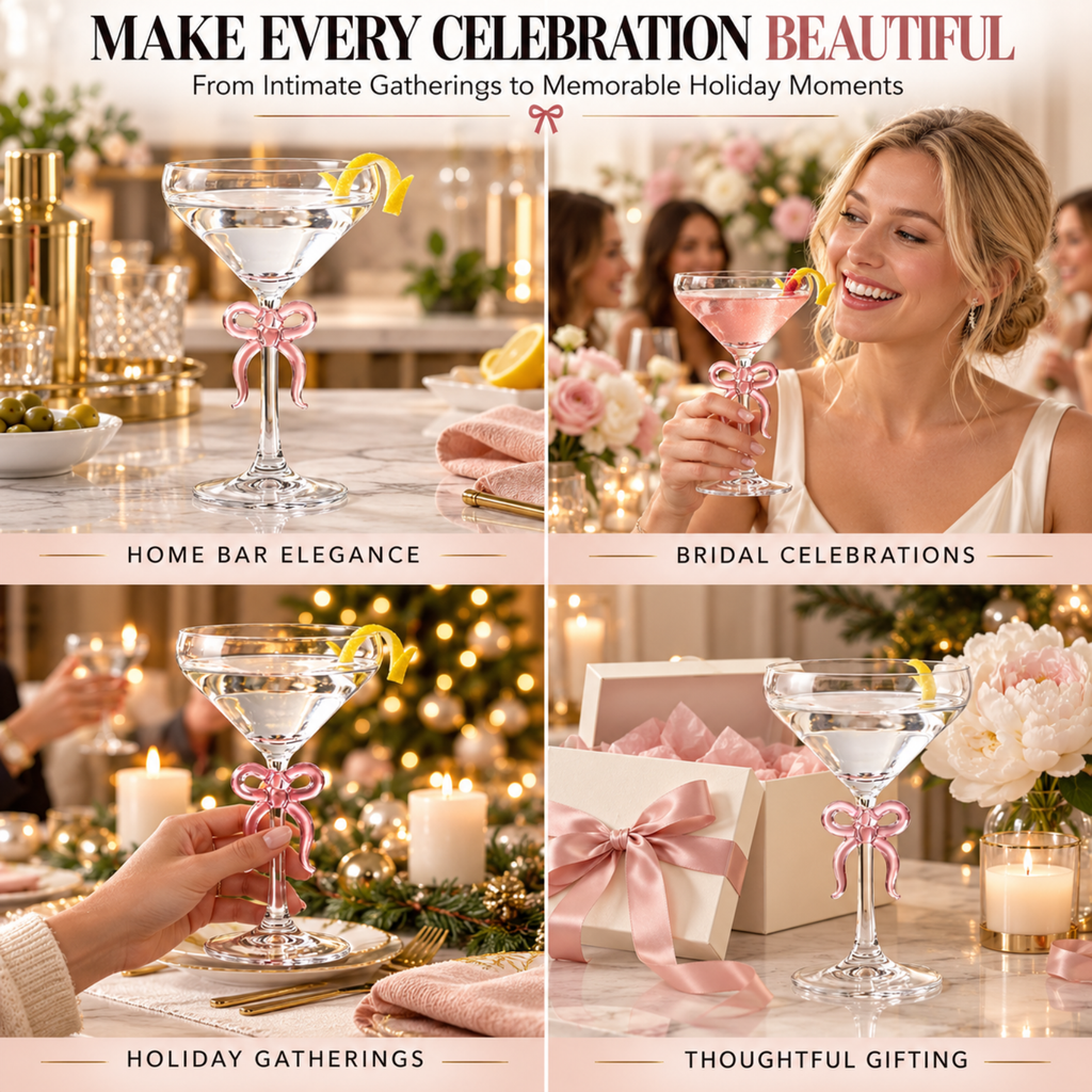 Single Clear Martini Glass with Pink Bow on Stem, One Piece