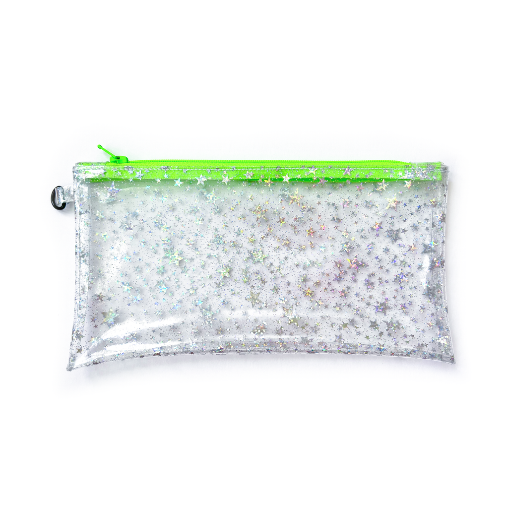 Clear Glitter Stars Wristlet Pouch | neon green zipper